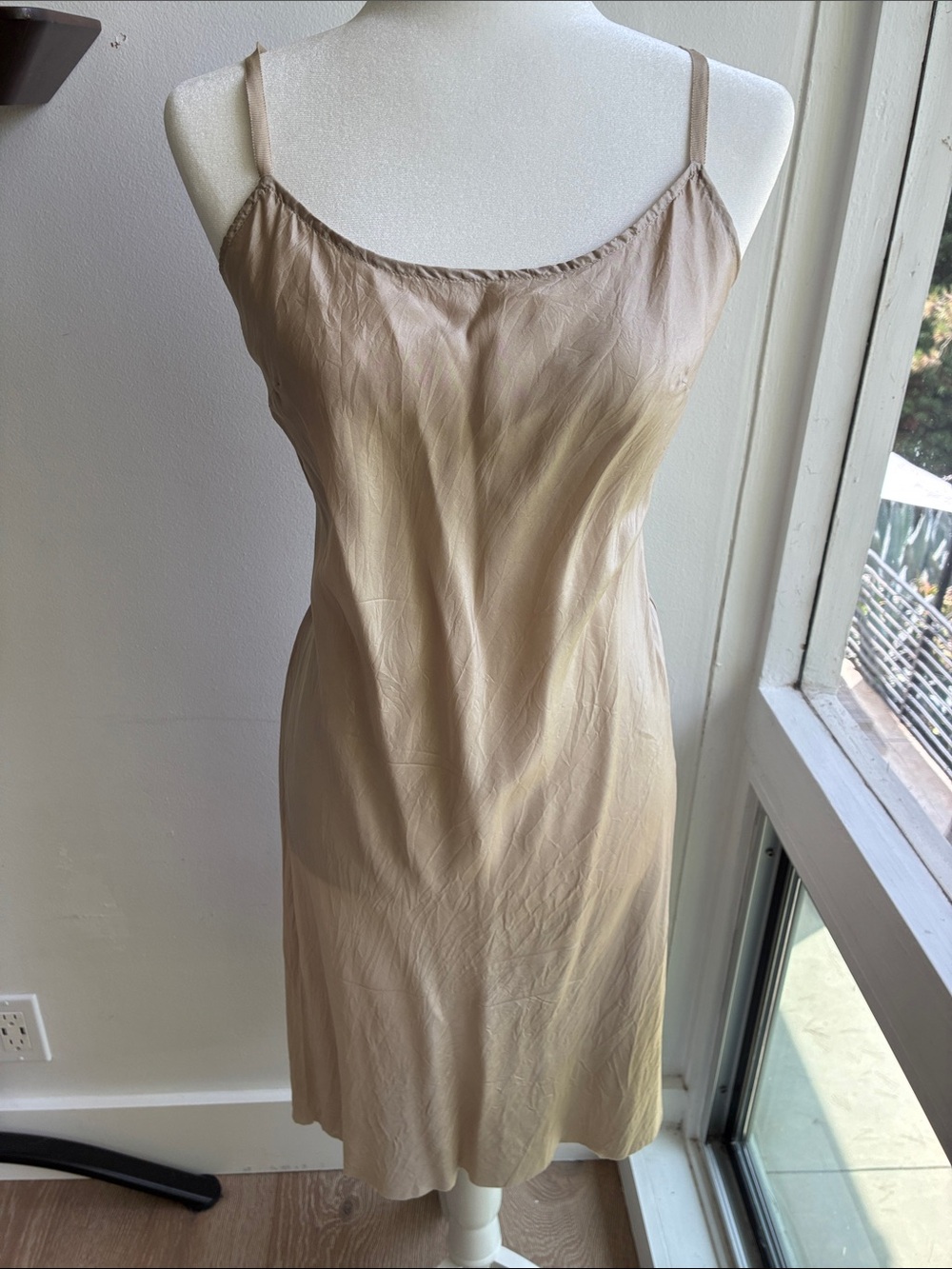 Vintage Beige 100% Silk Slip Dress with Adjustable Grosgrain Straps